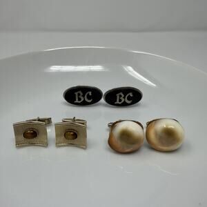 Vintage Cufflinks Lot 3 Pairs Gold Tone Black Monogram Shell Inlay